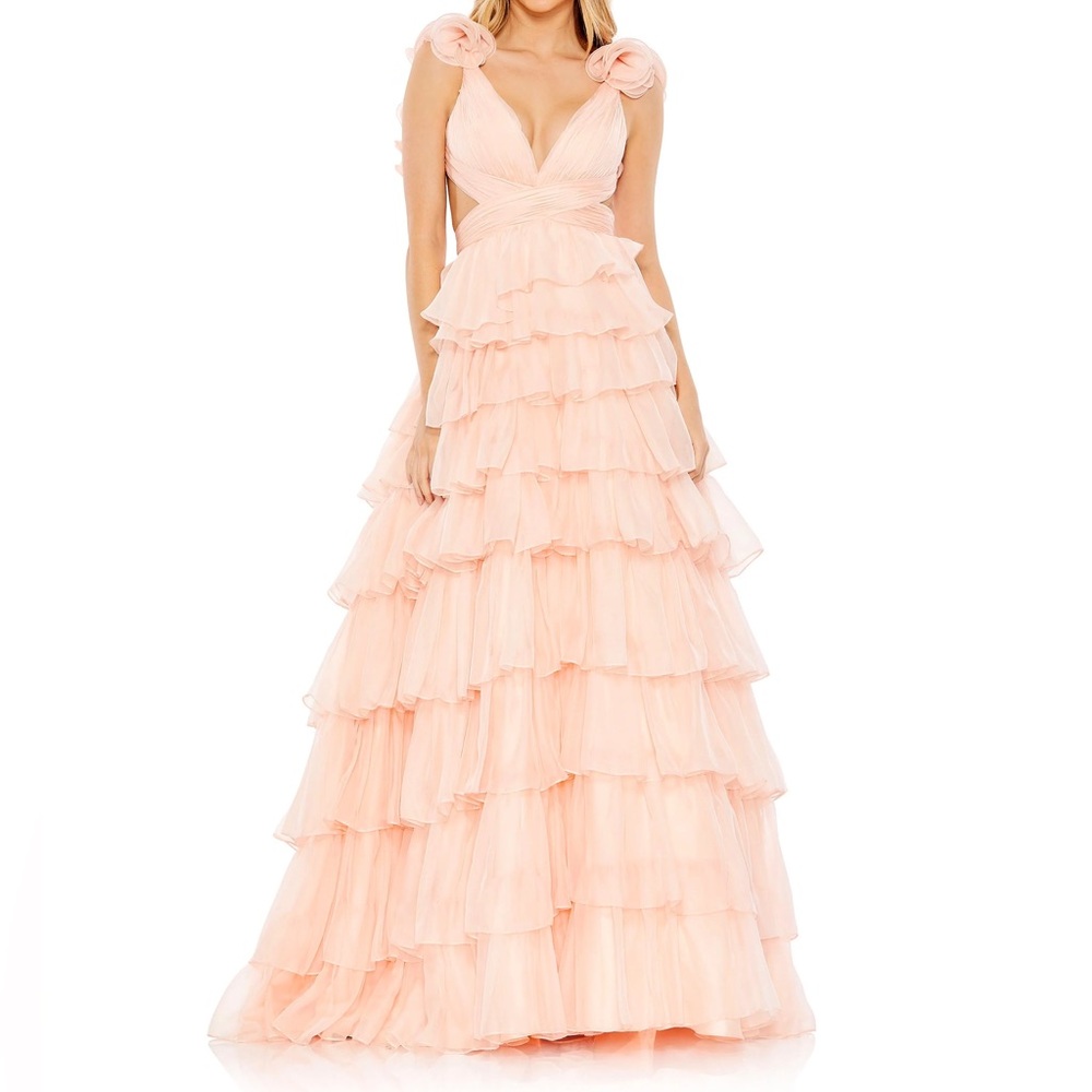 Pink Ruffled Lace Up Back Ballgown in Blush